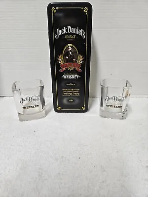 Vintage Jack Daniels Tin Empty 4  X 3.75  X 10.5  And Two Whiskey Square Glasses • $19.99