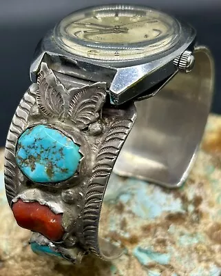 Important Rare Zuni DAN SIMPLICIO Sterling Turquoise & Coral Watch Cuff Bracelet • £17.44