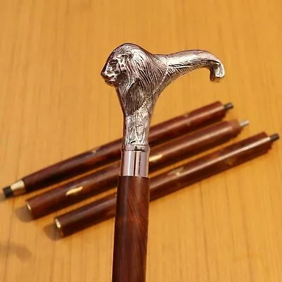 Handmade Brass Hairy Lion Head Handle Vintage Cane Wooden Shaft Walking Stick • $60.39