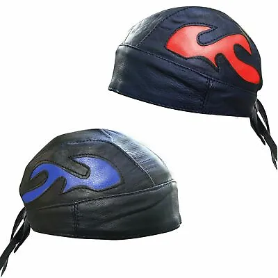 Black Bandana Real Leather Cap Biker Cycling Unisex Skull Cap Sports Flame Style • £9.99