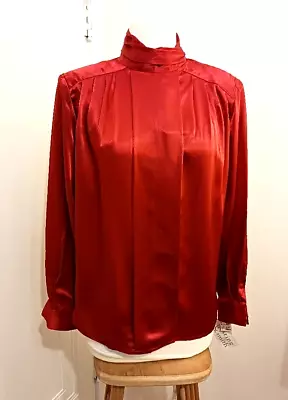 Hasting & Smith VTG Red Satiny Blouse Wrap Collar Long Sleeve Button Up 12 • $14.99