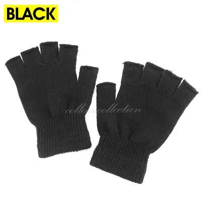 Black Fingerless Gloves Knitted Winter Warm Half Open Finger Soft Mittens Unisex • $7.45