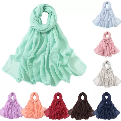 Lace Edge Women Muslim Hijab Long Scarf Wrinkle Head Wrap Scarves Shawls Stoles • £10.46