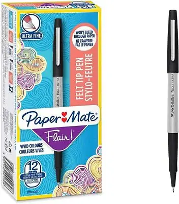 Paper Mate Flair Felt Tip Pens | Ultra Fine Point (0.4mm) | Black | 12 Count • £21.83