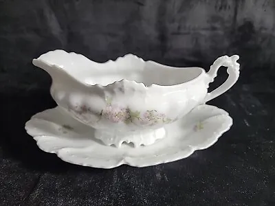 MZ Austria Habsburg Lavender Floral Porcelain Gravy Boat & Underplate C.- 1895 • $39.99