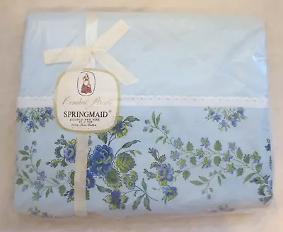 Vintage Springmaid Cotton Percale Double Flat Sheet NEW NOS Blue Floral • $32.99