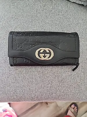 Vintage GUCCI Ssima GG Logo Black Leather Long Bifold Wallet  • $99.50