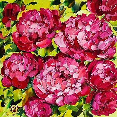 $50 • Buy Original Oil Painting Peony Red Garden Flowers Impasto Artwork Floral Wall Art