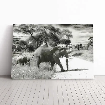 Mother & Baby Elephant Strolling Canvas Wall Art Print Framed Picture Home Decor • £24.95