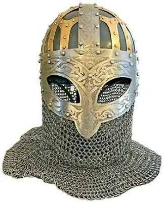 Viking Helmet Vendel SCA LARP Helmet 14 Gauge Steel And Brass Helm • $454.11