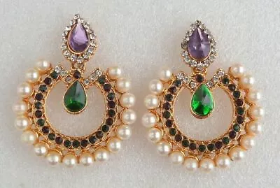 Indian Traditional Bollywood Pearl Drop Gold Purple Green Women Earrings Jewelry • $14.31
