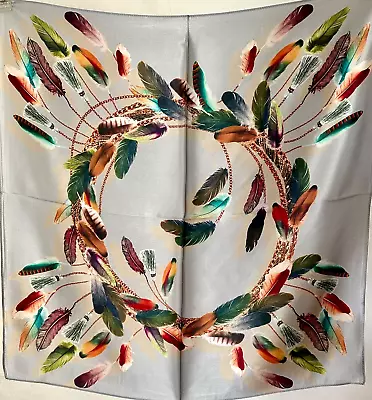 26 X26 Colourful Feathers Print Pure Mulberry Satin Silk 12momme Scarf 65x65cm • $16.99