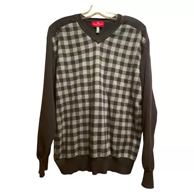 Marc Ecko Cut & Sew Cotton V Neck Checked Sweater Black Gray Size XL • $28