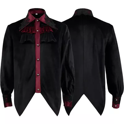 Men Ruffle Velvet Long Sleeve Shirt Victorian Steampunk Gothic Button Retro Top • $42.05