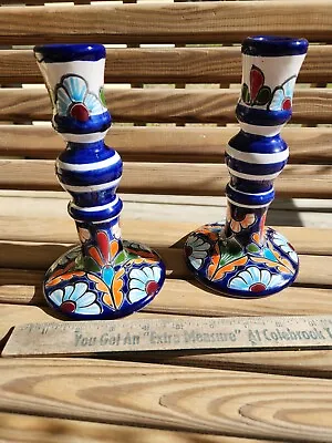 Pair Of Mexico Hand Painted Candle Sticks Pottery 7 3/4 Candle Holder Signed • $25.20