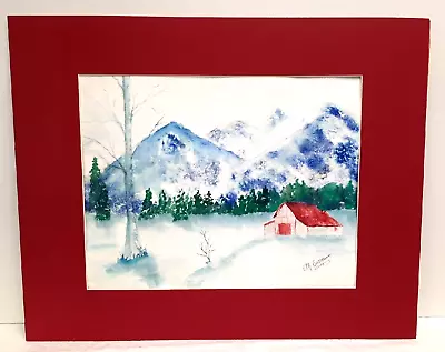 Original Watercolor Painting Signed & Matted 'Snowed In' Mountains Barn 16 X20  • $34