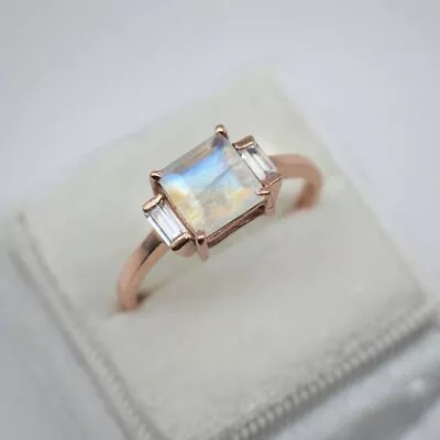 Princess Cut Fire Moonstone 14K Rose Gold Plated Silver Art Deco Engagement Ring • $94.95