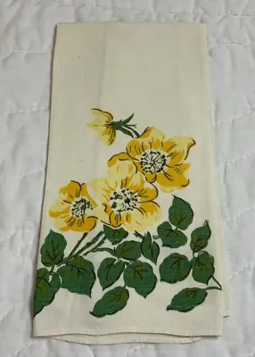 Vintage Tea Towel Printed Flower & Leaf Design White Yellow Green Linen • $5.25