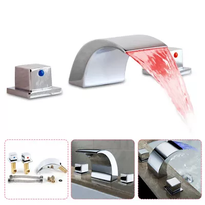 8  LED Waterfall Sink Faucet Stainless Hot W/ & Cold Hoses Two Handles Bathroom • $43.70