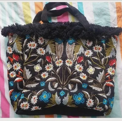 Black Floral Embroidered Large Handbag With Frayed Edging • £6