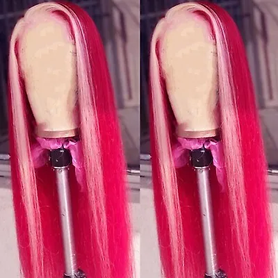 Natural Synthetic Lace Frontal Wigs Ombre Pink Long Straight Hair Heat Resistant • $26.53