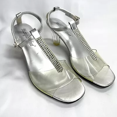 8M Midnight Velvet Silver Marnie Strap Formal Dinner Church Dress Shoes Heels • $47.50