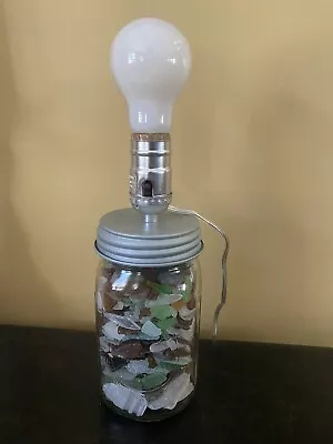 Sea Glass Filled Mason Jar Lamp Green White Brown  • $34.99