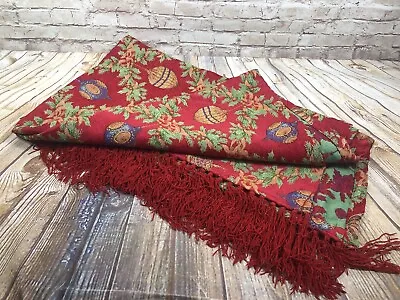 VTG Red Jaquard Ornament Pattern Table Cloth With Chenille Velvet Fringe 60'by49 • $44.95