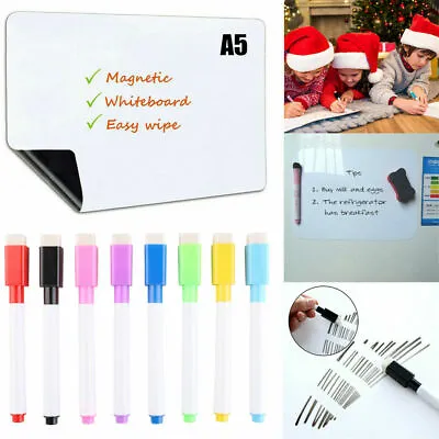 A5 Dry Wipe Magnetic Mini Office Whiteboard Fridge Notice/ 8 Marker Pen Reusable • £5.51