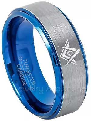Masonic Ring Tungsten Carbide Ring Freemason 2-Tone Blue Tungsten Wedding Band • $77