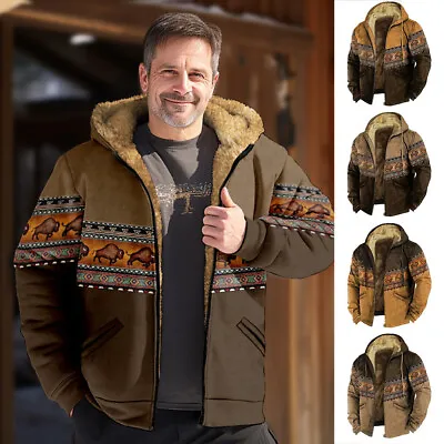 Mens Heavy Weight Fleece Fur Hooded Jacket Coat Full Zip Warm Hoodie Sweatshirt • $34.83