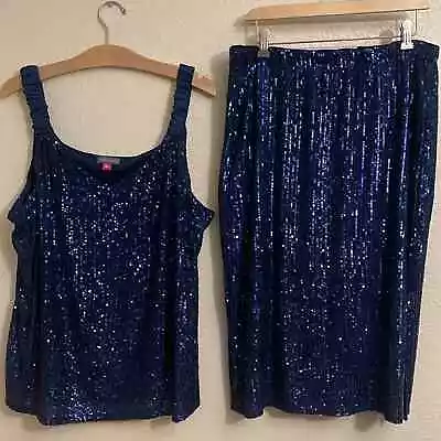 VINCE CAMUTO Sequin Stretch Skirt & Sleeveless Top Sapphire Blue Women's Large • $44.95