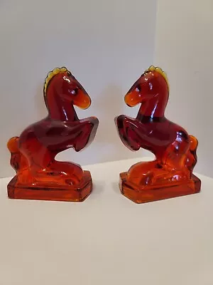 LE Smith Vintage Red Amberina Glass Rearing Horse Bookends Pair • $80