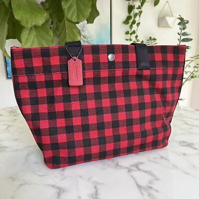 NWT COACH Tote With Gingham Print Ruby Red Black Buffalo Plaid Canvas F39858 • $159