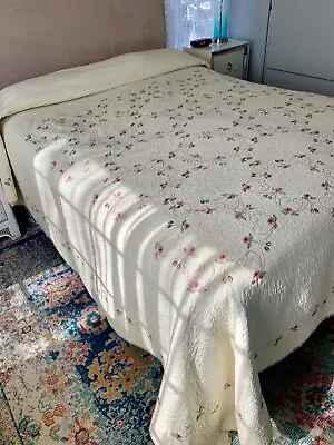 Vintage King Rose Embroidered Quilt Cream Pink Green Bedspread Lightweight • $65