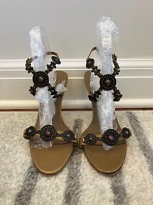 MANOLO BLAHNIK Women's Vintage Bronze Sandals Ankle Strap Jewels Sz 39 RARE!! • $149.99