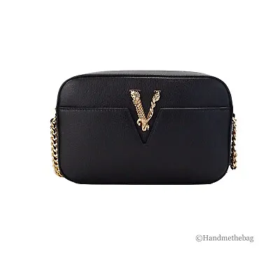 Versace Virtus Small Black Grainy Calf Leather Camera Bag Crossbody Bag • $575