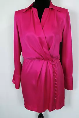 Zara Mini Wrap Dress Women M Button Satin Fuchsia Pink Collared Long Sleeve • $29.97