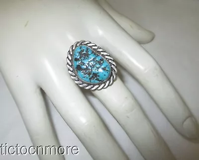 Vintage Navajo Indian Pictomarked Turquoise Stone Cable Bezel Ring Sterling • $29.99