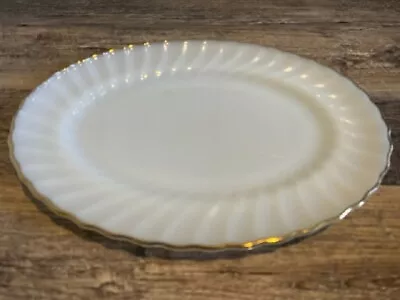 Anchor Hocking Gold Rim Scalloped White Swirl Milk Glass Oval Serving Platter • $2.99