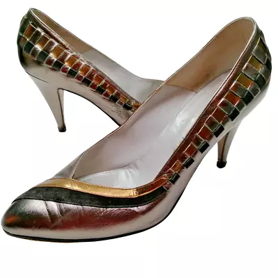 £13.99 • Buy Bronze Gold Italian Leather Court Shoes UK Size 6.5 EU 39.5 Slip On Pointed Toes