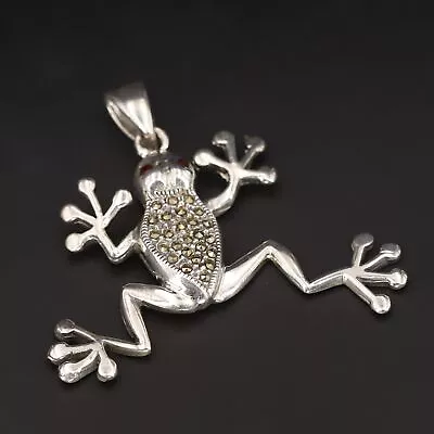 Sterling Silver - Garnet & Marcasite Pave Frog Animal Necklace Pendant - 12g • $2.99