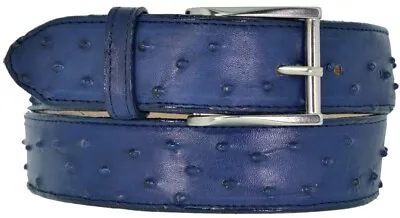 Western Cowboy Leather Belt Ostrich Quill Print Blue Silver Buckle Cinto • $34.99