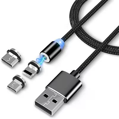 3 In 1 Magnetic USB Cable 3A FAST Charging Charger Sync Phone Type-C Micro & IOS • £4.49