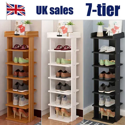 7 Tier Wooden Shoe Rack Tall Storage Shelf Unit Cabinet Organiser Footwear Stand • £20.99