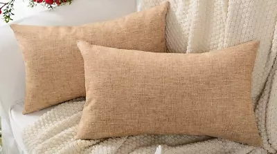 J08 ~ PAIR 12X20 Cottage Rustic LINEN LUMBAR PILLOW COVERS Light Brown  Burlap • $14.55