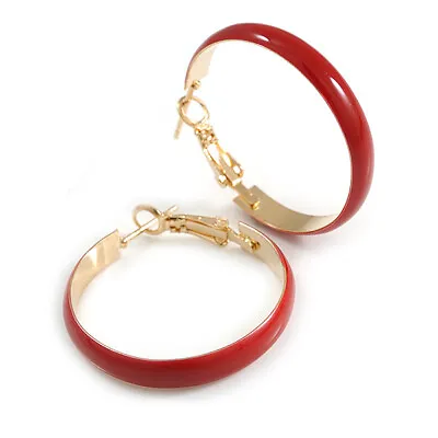 30mm D/ Wide Red Enamel Hoop Earrings In Gold Tone/ Small Size • £8.90