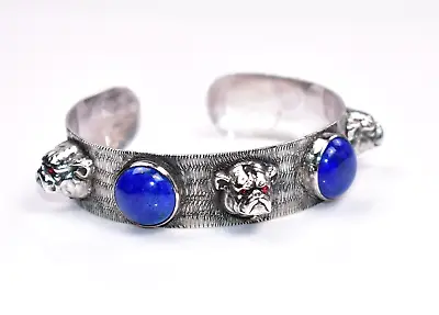 FABULOUS Vtg SOLID Sterling BULLDOG Cuff Bracelet Blue STONES Red Paste EYES 42g • $229.99