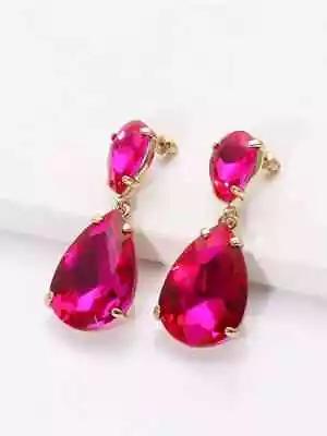 1.5'  Hot Pink Teardrop Rhinestone Long Crystal Prom Pageant Earrings Dangle • $12.95