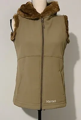 Womens Marmot Furlong Vest Fleece Lined Fur Lined Hood Waterproof Beige Sz Small • $29.99
